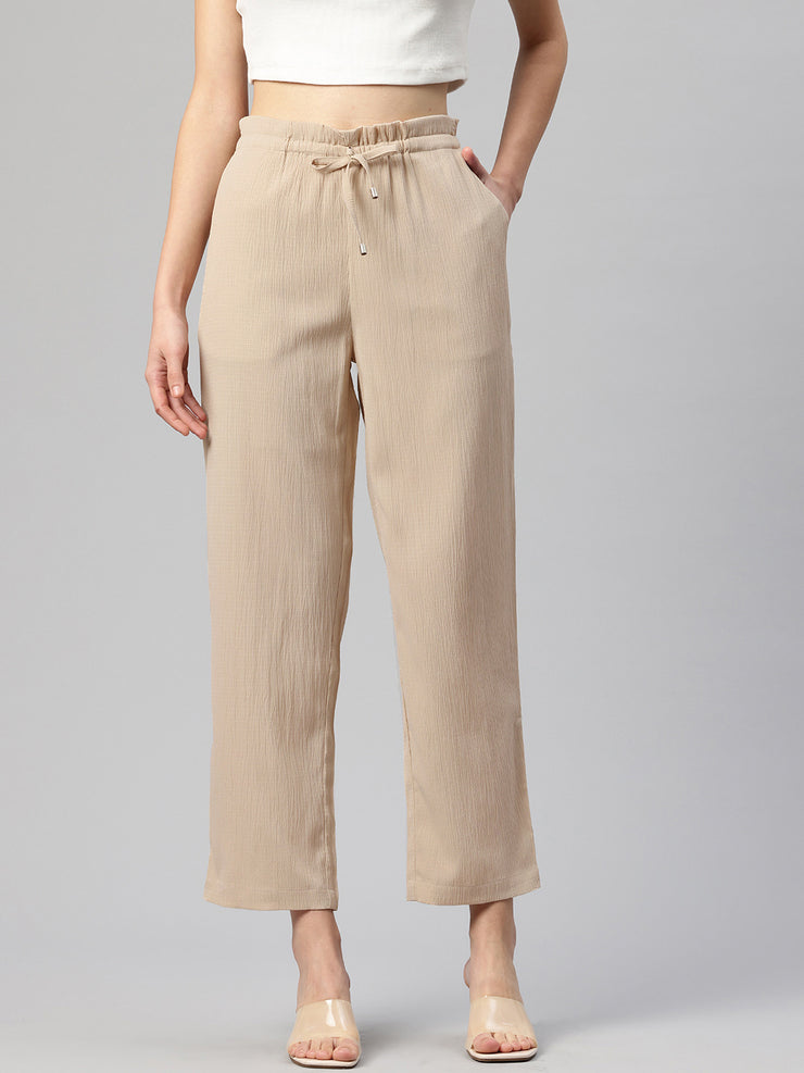 Beige Textured High-Rise Trousers