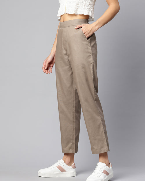 Taupe Pure Cotton Peg Trousers
