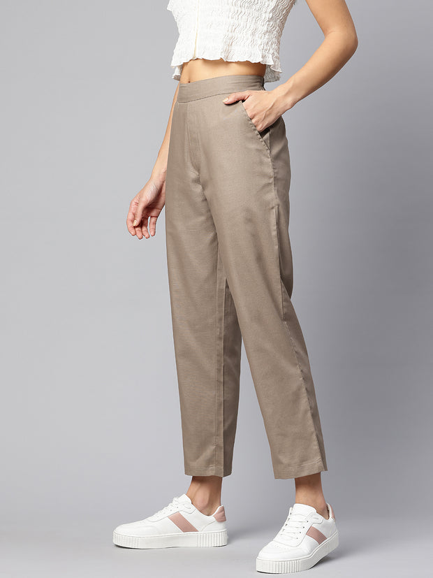 Taupe Pure Cotton Peg Trousers