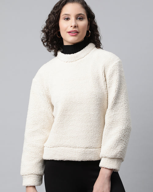 Women Off White Faux Fur Sweatshirt