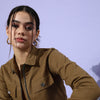 Khaki Solid Pure Cotton Cropped Jacket