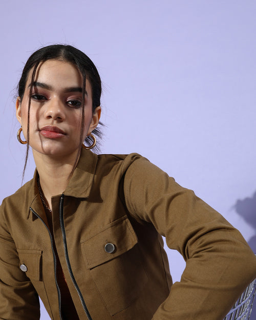 Khaki Solid Pure Cotton Cropped Jacket