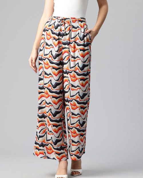 White Women Printed Loose Fit High-Rise Trousers