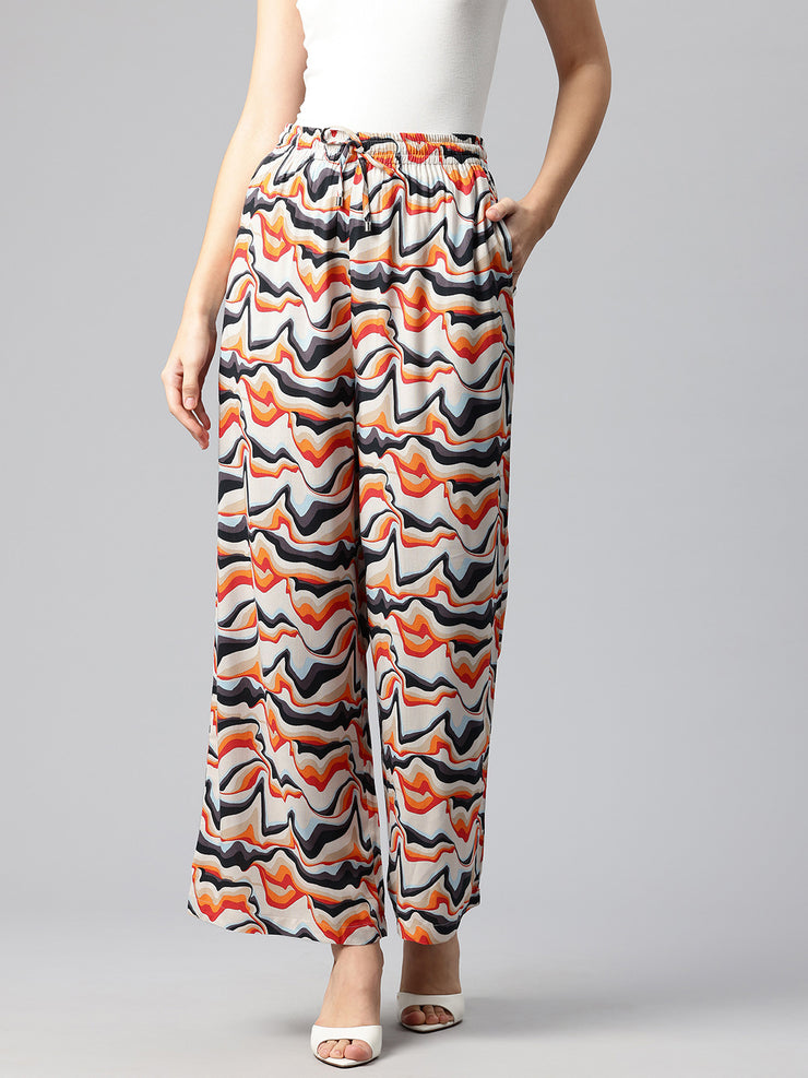 White Women Printed Loose Fit High-Rise Trousers