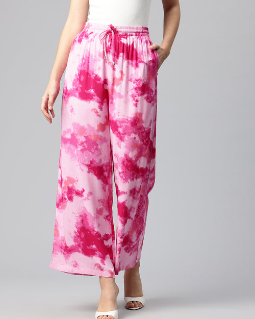 Pink Women Tie and Dye Printed Wide Leg High-Rise Trousers