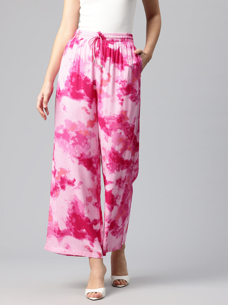 Pink Women Tie and Dye Printed Wide Leg High-Rise Trousers