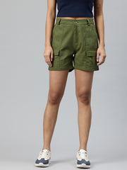 Olive Green High-Rise Pure Cotton Cargo Shorts