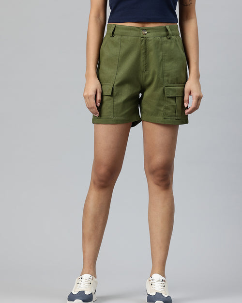 Olive Green High-Rise Pure Cotton Cargo Shorts
