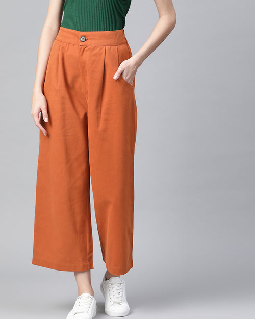 Women Rust Orange Cotton Cropped Parallel Trousers