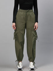 Olive Green Loose Fit High-Rise Pure Cotton Parachute Cargo Trouser