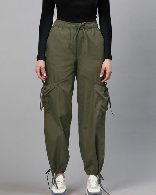 Olive Green Loose Fit High-Rise Pure Cotton Parachute Cargo Trouser