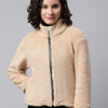 Woman Beige Faux-Fur Sweatshirt, Full Zipper