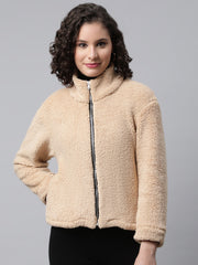 Woman Beige Faux-Fur Sweatshirt, Full Zipper