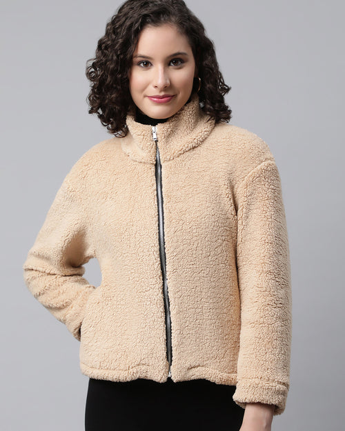 Woman Beige Faux-Fur Sweatshirt, Full Zipper