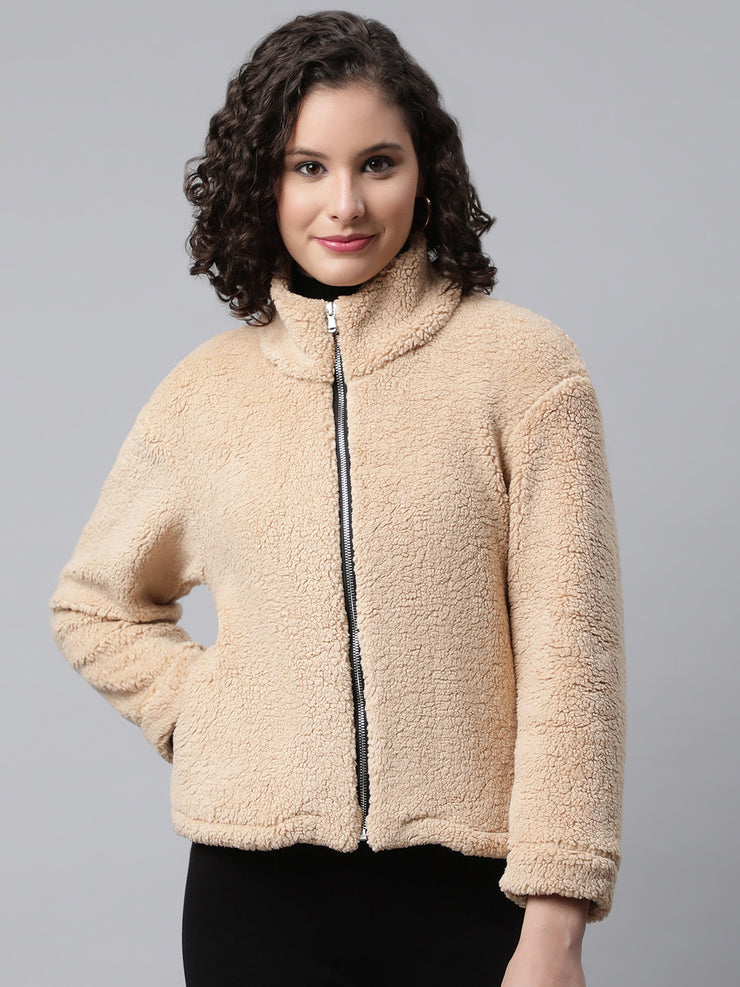 Woman Beige Faux-Fur Sweatshirt, Full Zipper