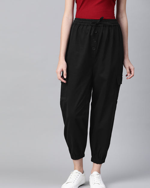 Women Black Cotton Cropped Joggers