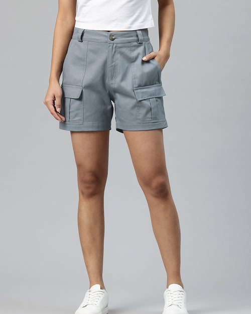 Grey  High-Rise Pure Cotton Cargo Shorts