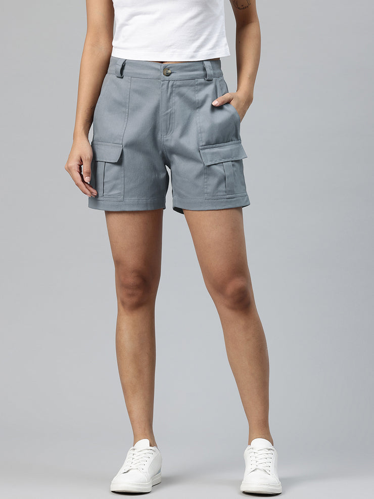 Grey  High-Rise Pure Cotton Cargo Shorts