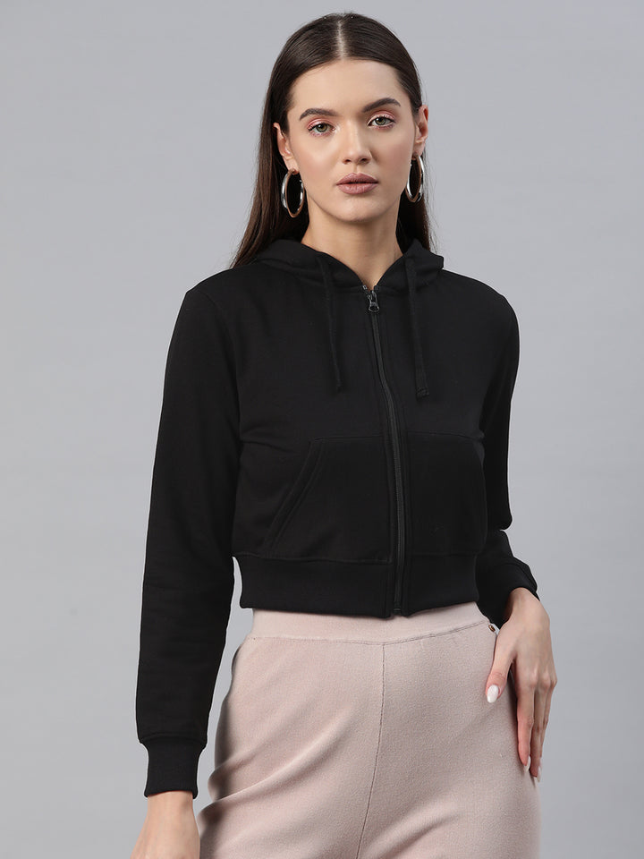 Black Hooded Cropped Fleece Sweatshirt