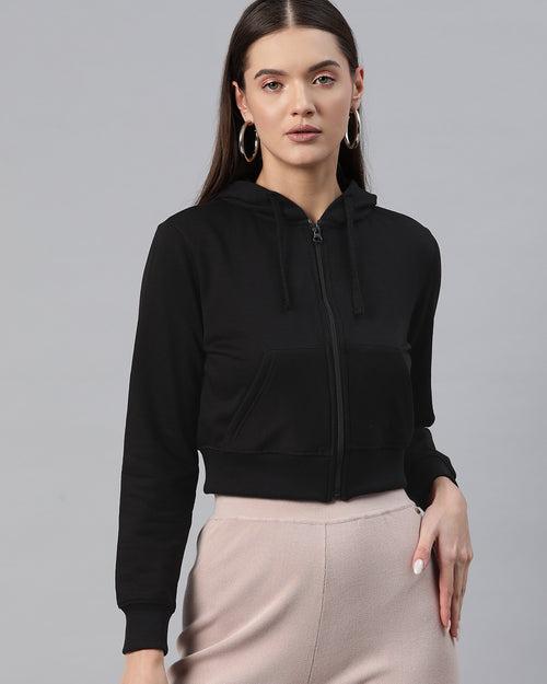 Black Hooded Cropped Fleece Sweatshirt