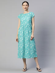 Sea Green Floral Printed Cotton A-Line Dress