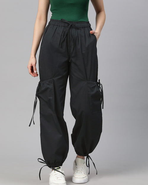 Black Loose Fit High-Rise Pure Cotton Parachute Cargo Trouser