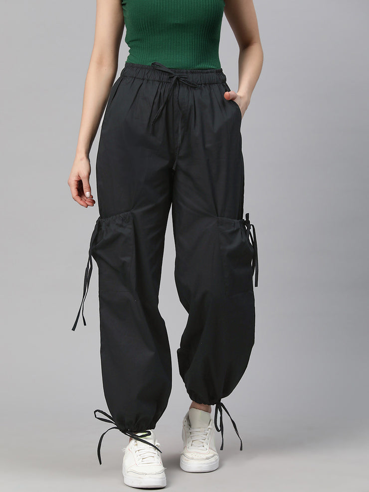 Black Loose Fit High-Rise Pure Cotton Parachute Cargo Trouser