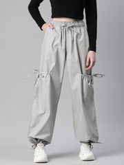 Grey Loose Fit High-Rise Pure Cotton Parachute Cargo Trouser