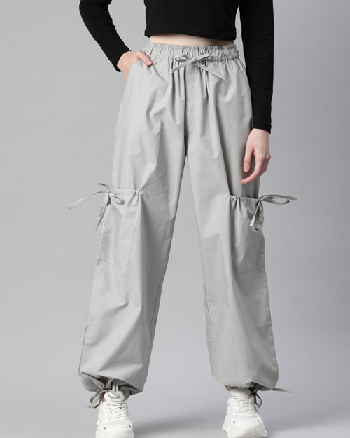 Grey Loose Fit High-Rise Pure Cotton Parachute Cargo Trouser