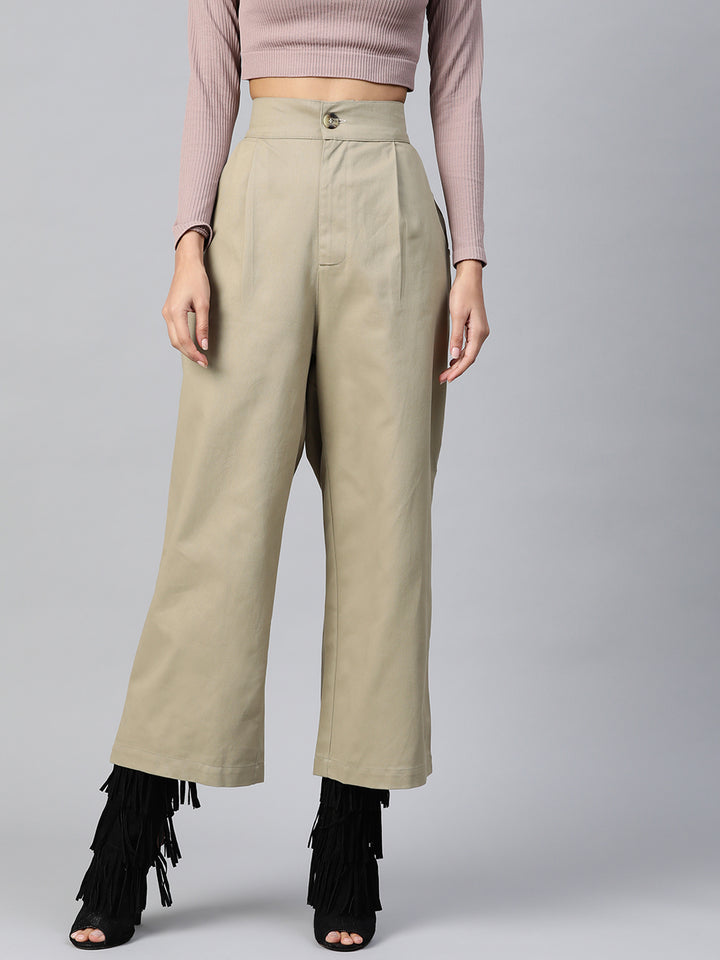 Women Beige High-Rise Parallel Trousers
