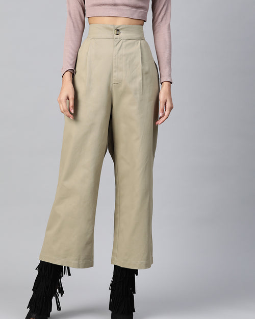 Women Beige High-Rise Parallel Trousers