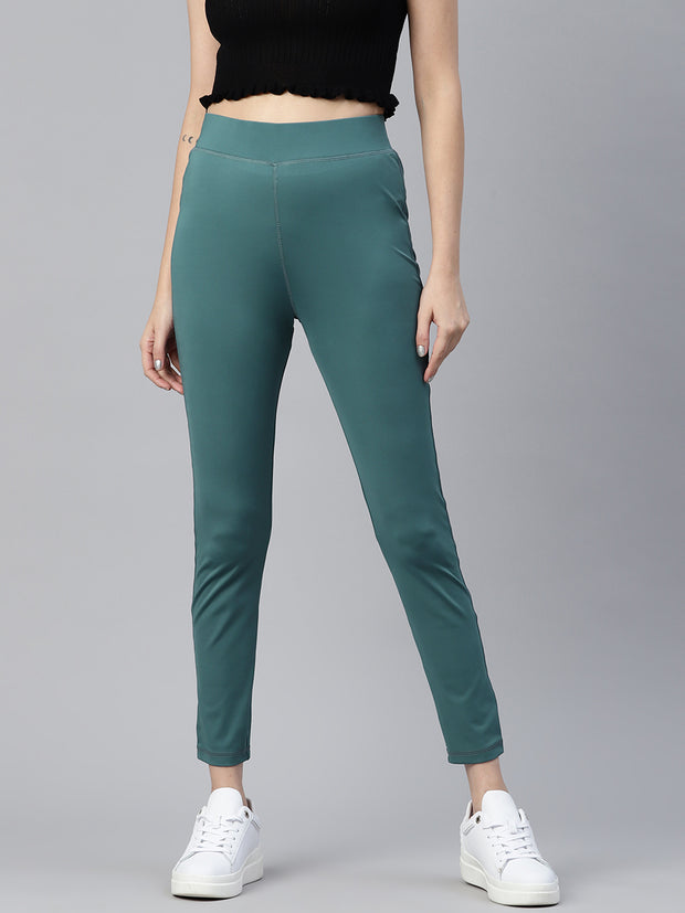 Turquoise Blue Solid Ankle Length Slim Fit Leggings