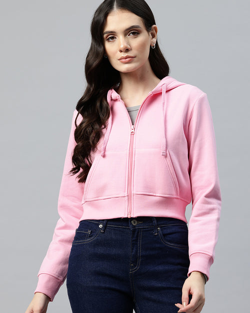 Pink Crop Fleece Hooded Sweatshirt