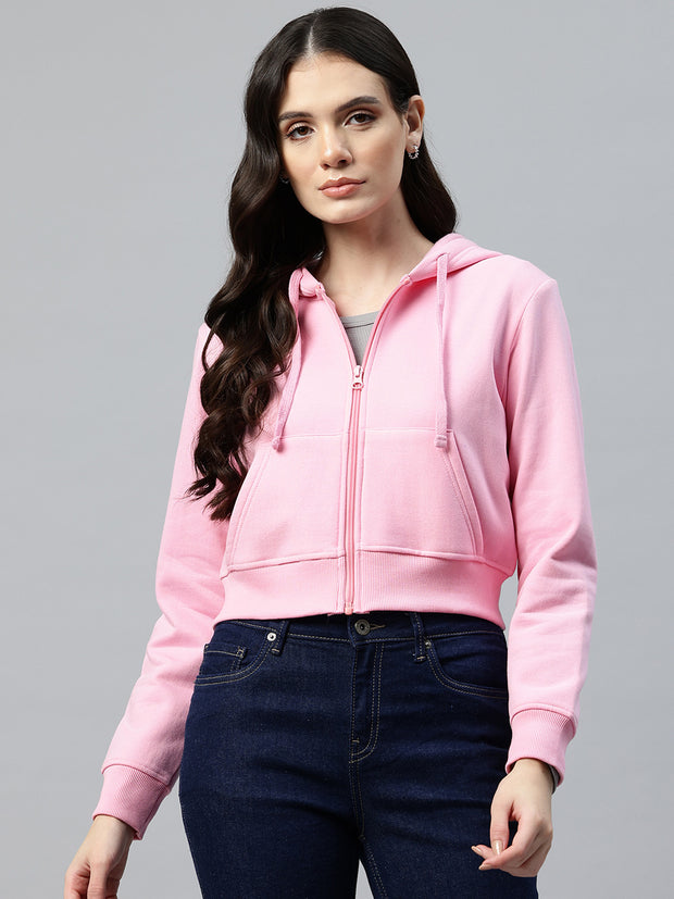 Pink Crop Fleece Hooded Sweatshirt