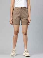 Taupe High-Rise Pure Cotton Cargo Shorts