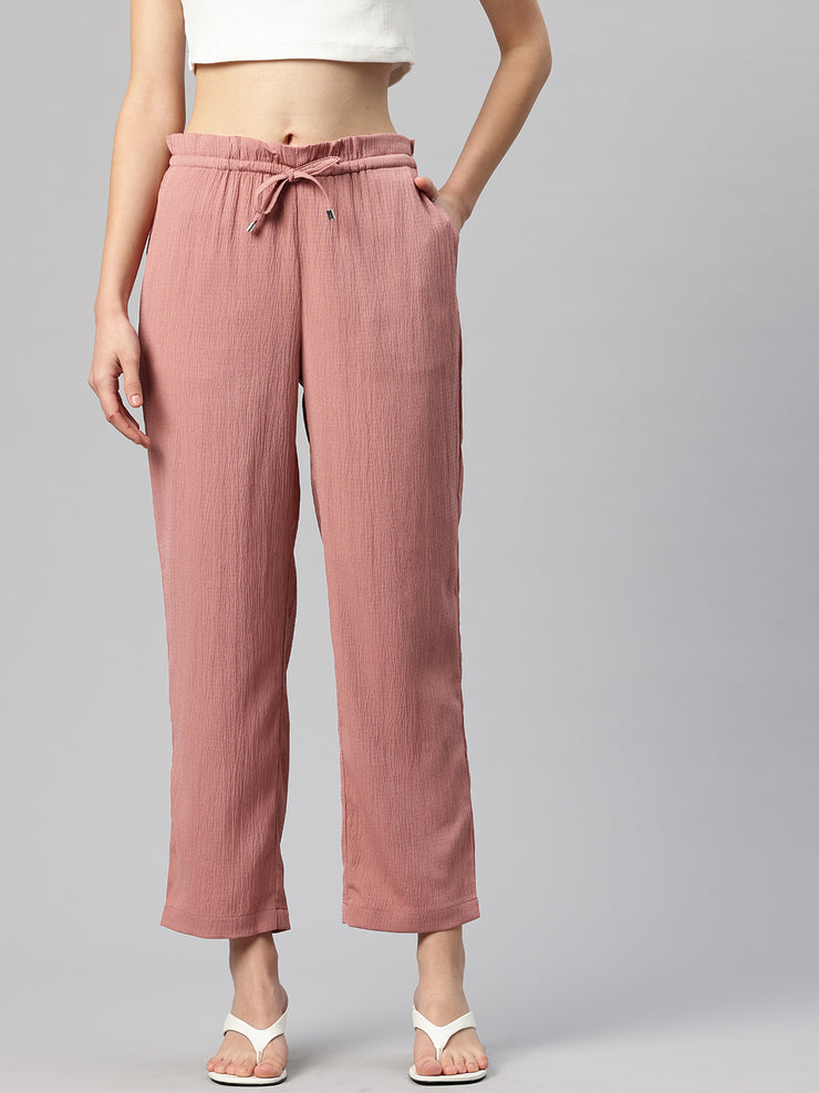 Pink Woven Textured High-Rise Trousers