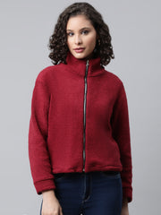 Woman Maroon Faux Fur Sweatshirt, Full Zipper