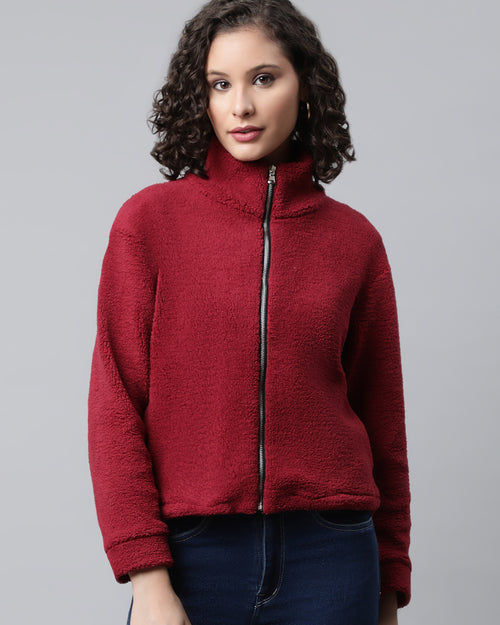 Woman Maroon Faux Fur Sweatshirt, Full Zipper