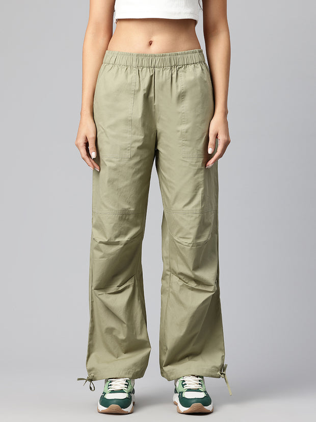 Green Women Loose Fit High-Rise Cargos Trousers