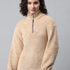 Women Beige Faux Fur Sweatshirt, Half Zipper