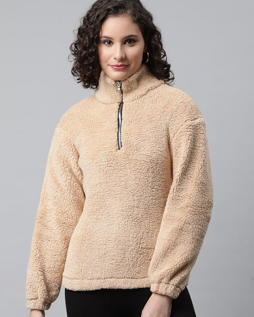 Women Beige Faux Fur Sweatshirt, Half Zipper