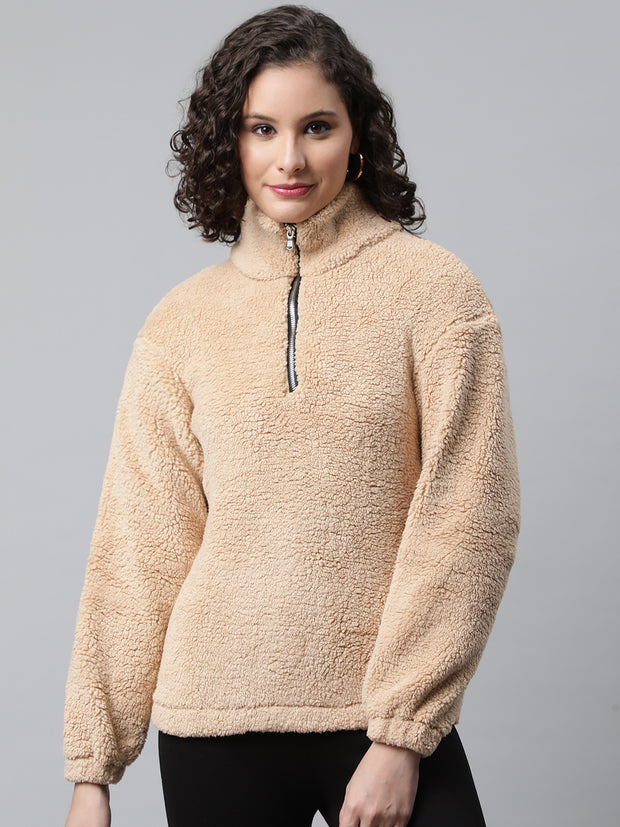 Women Beige Faux Fur Sweatshirt, Half Zipper