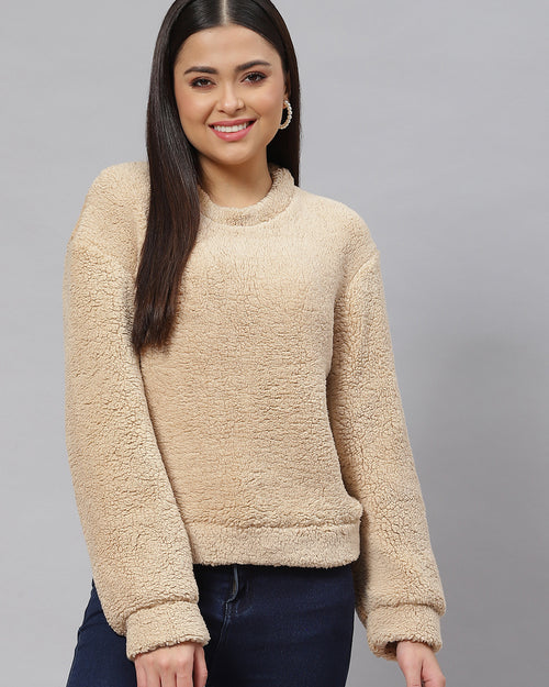 Woman Beige Faux Fur Sweatshirt