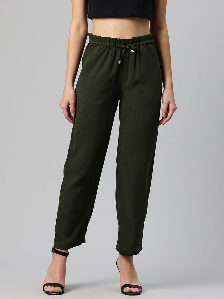 Green Textured High-Rise Trousers