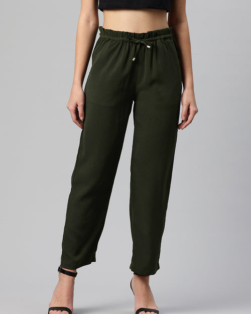 Green Textured High-Rise Trousers