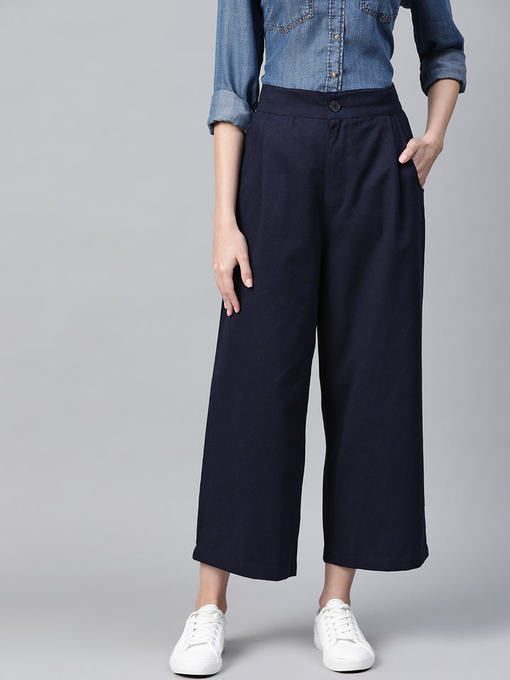 Women Blue Cotton Cropped Parallel Trousers