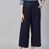 Women Blue Cotton Cropped Parallel Trousers