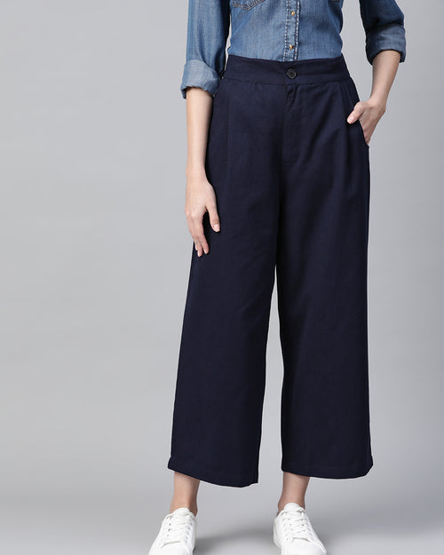 Women Blue Cotton Cropped Parallel Trousers