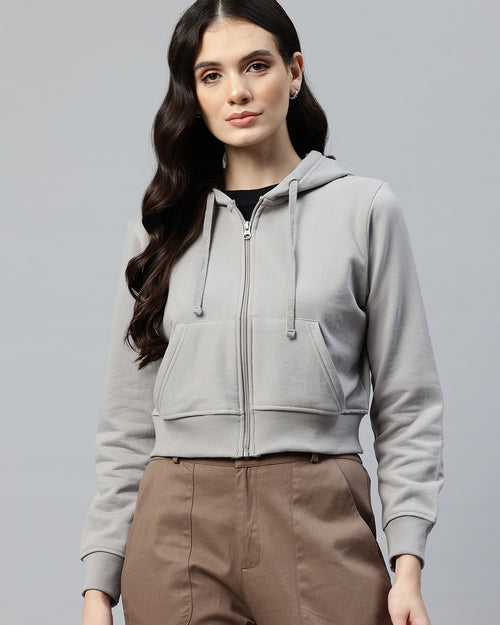 Grey Fleece Crop Hooded Sweatshirt