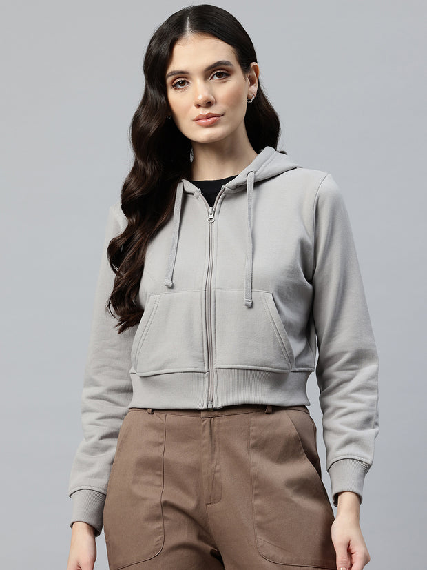 Grey Fleece Crop Hooded Sweatshirt